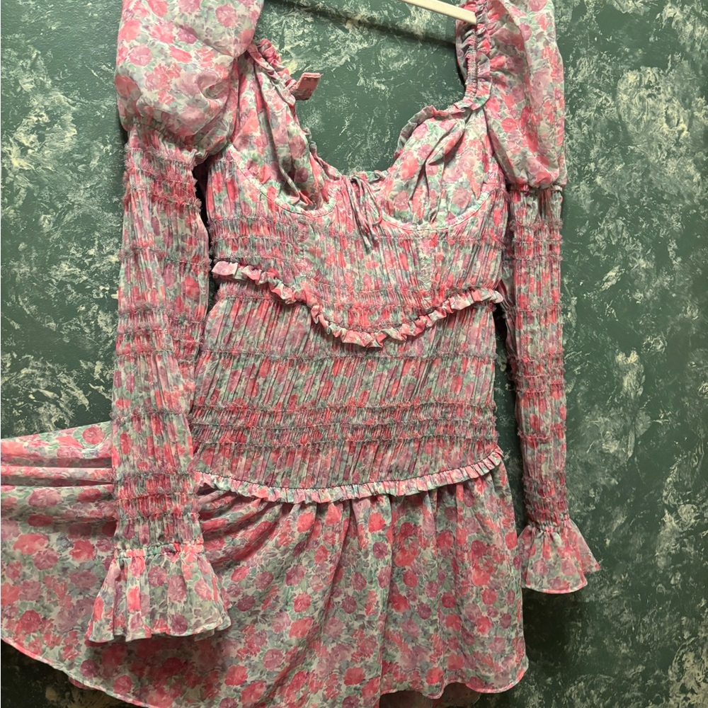 For Love & Lemons Pink Floral Backless Smocked Mini Dress